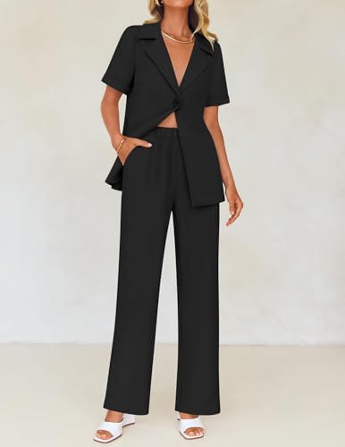 ZESICA Women's 2025 Casual 2 Piece Outfits Short Sleeve Blazer Jacket and Wide Leg Pants Loose Business Suit Sets2