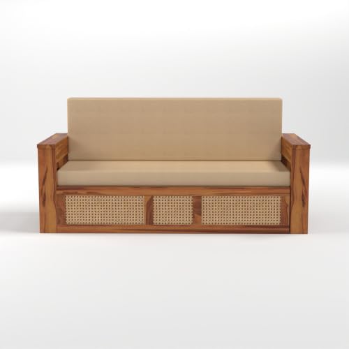 Image of PS DECOR Solid Sheesham Wood 3 Seater Sofa Cums Bed with Cane Panel | Wooden Sofa Bed with Cushioned Seating & Backrest