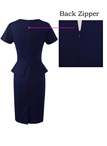 Vfshow Womens Dark Blue Pleated Crew Neck Peplum Work Business Office Church Bodycon Pencil Sheath Dress 3593 Blu M #TOP4