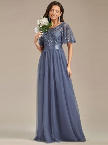 Image of Ever-Pretty Sequin Formal Prom Dresses for Women Ruffle Sleeves Empire Waist A-Line Long Mother of Bride Dress 00904