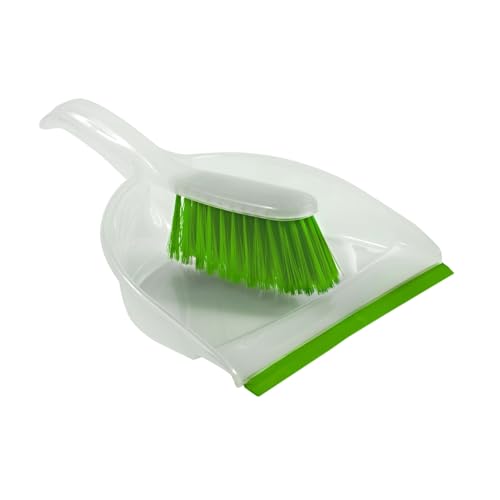 HOMESHOPA Clear Green Dustpan and Brush Set, Easy-Sweep Rubber Lip and Dirt-Trapping Durable Bristles, Lightweight, Portable Sweeping Brush, Household Home Kitchen and Indoor Cleaning