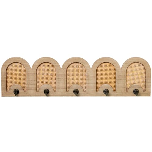 DRW Perchero de Pared con 5 Ganchos de Metal, Madera y Ratan Natural 60x5x16 cm
