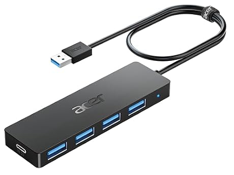 Acer USB Hub 4 Ports, Multiple USB 3.0 Hub, USBA Splitter for Laptop with Type C Power Port, Extender for A Port Laptop, PC, Desktop and More (2ft)