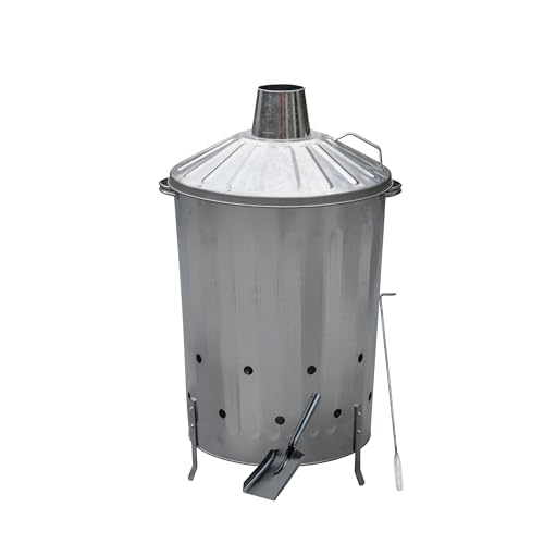 CrazyGadget 90 Litre Large Galvanised Metal Incinerator Fire Burning Bin with Lid + Ash Shovel & Poker