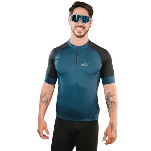 Camisa de Ciclismo Masculina Manga Curta Way Fresh Azul Marinho Proteção UV Slim Confortável Pro Bik