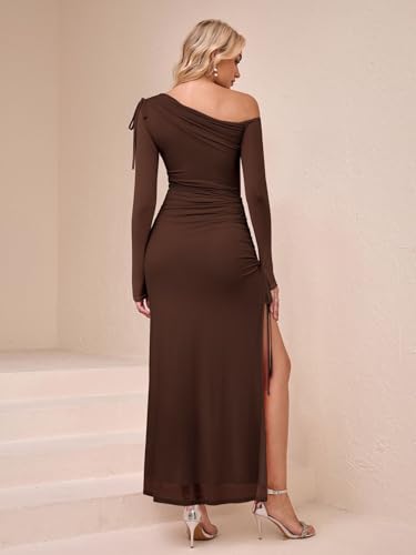 KUTUMAI One Shoulder Long Sleeve Maxi Dress Split Bodycon Ruched Formal Wedding Guest Dresses for Women Fall 20252