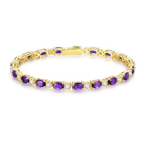 FANCIME 14K Gold Plated February Birthstone Bracelets Sterling Silver Created Amethyst Tennis Bracelet Oval Gemstone Gold Bracelets for Women 7"