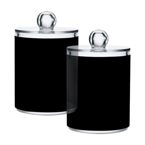 SHJI Black Qtip Holder Organizer Dispenser Cotton Swabs Cans Plastic Jars with Lid Set 2 Pack Bathroom Storage Canister for Cotton Ball Floss Cotton Pads