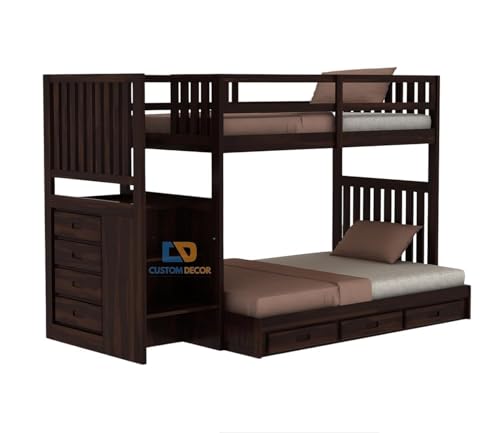 Image of Custom Decor Sheesham Wood Bunk Bed | Wooden Double Bed Bed Furniture for Bedroom | Living Room | Home (Spring-W)