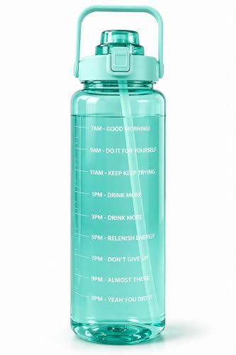 Image of Motivational Water Bottle 2 Litre with Time Marker | Leak Proof BPA Free Gym Bottle | Sports Drinking Bottle with Straw & Handle for Office, Gym, School (green & blue)