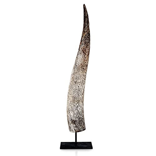 Skull Bliss - Authentic Real Bull Longhorn - Sari/Carved Steer Horn on Stand/Unique Viking Home Table and Desk Decor/Decorative Horn Sculpture