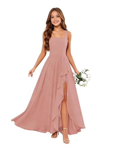 Junior Bridesmaid Dress Blush Pink Chiffon Square Neckh Flower Girl Dresses for Wedding A-Line Formal Girls Dresses Size 13-16