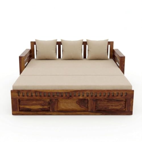 Image of SONA ART & CRAFTS Kuber Sheesham Wood Sofa Cum Bed with Bedside | 3 Seater with Storage and Side Pockets for Living Room Organizer Furniture Sofa Bed Home, Bedroom (Natural Finish)
