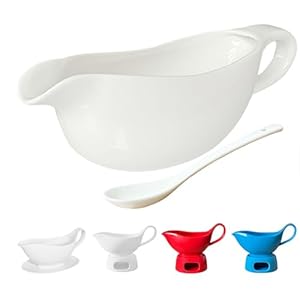 Qlans 20 OZ Gravy Boat – White Meat Sauce Boat With Spoon – Perfect for Gravy, Sauces and Syrups, Salad Dressings, Creamer, Broth, and More Server