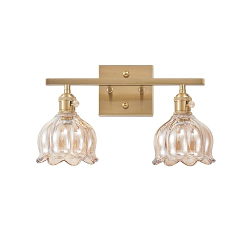 Image of 2-Light Amber Tulip Glass Vanity Light, Brushed Gold Vintage Bathroom Wall Sconce, 14.5 inch Antique Brass Wall Lamp for Mirror, Powder Room, Bedroom (Individual Rotary Switches, Bulbs Not Included)