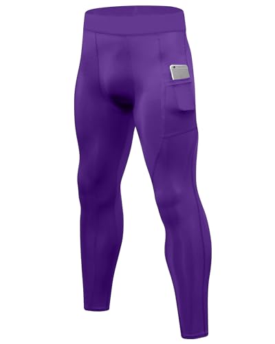 Yuerlian Purple Men’s Gym Compression Leggings Athletic Training Tights Cool Dry Workout Pants Breathable Trousers with Pockets for Sports Cycling Football