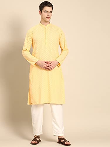 Image of Rajubhai Hargovindas Men Pure Cotton Chikankari Embroidered Straight Kurta