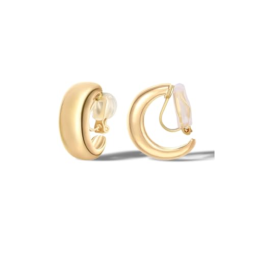 FAN&LOUIS Gold Clip On Hoop Earrings,14K Gold Plated Chunky Gold Small Huggie Hoops Clip-On Earrings for Women│Small Wide Round Hoop Clip On Earrings