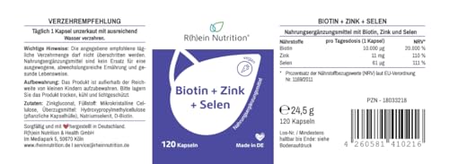 Biotin Hochdosiert + Zink + Selen Kapseln - Haut Haare Nägel Kapseln - 120 Kapseln 4 Monate Vorrat - Haar Vitamine - Vegan Ohne Zusätze in Deutschland hergestellt - Rhein Nutrition