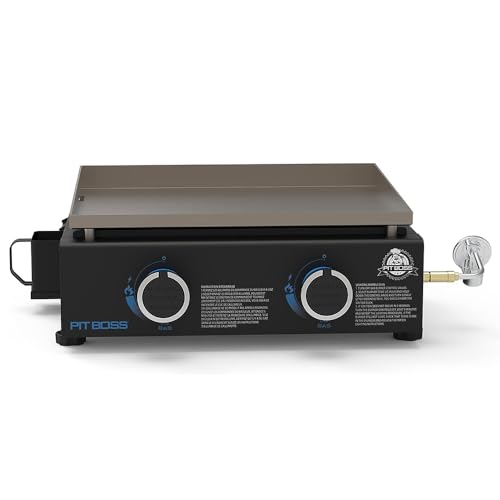 Pit Boss 2-Burner Propane Gas Portable Tabletop Griddle Grill with Soft Cover, 265-Sq. In. (18.5' L x 14.33' W) Cooking Space, 18,000 BTU, for Tailgating, Camping, and Traveling, Black