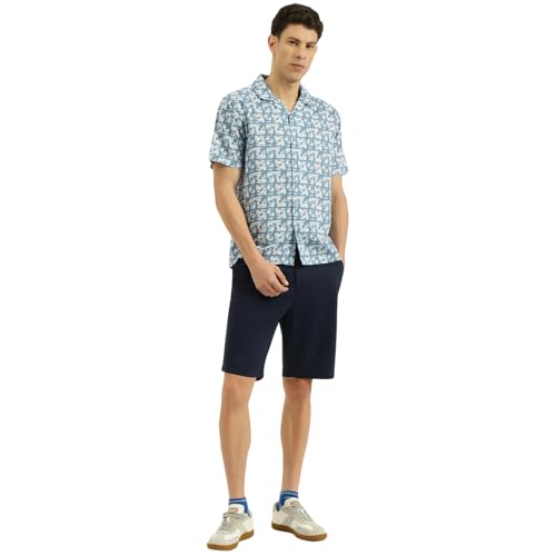 Image of United Colors of Benetton Relaxed Fit Resort Collar Printed Linen Blend Stroke Shirt