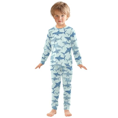 Pajama Sets Long Sleeve Blue Shark Background Soft Comfy Sleepwear 2 Piece PJS 3-8T2