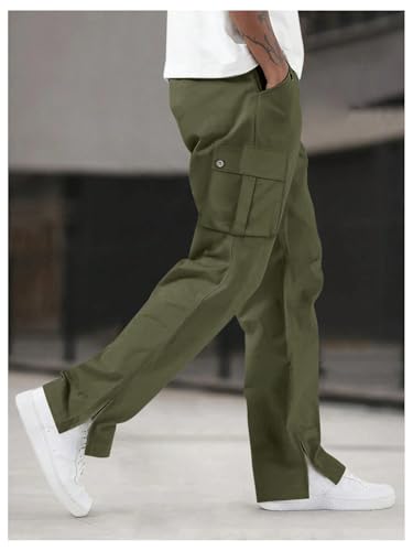 OYOANGLE Men's Drawstring Waist Flap Pocket Slit Hem Cargo Pants Outdoor Casual Trousers3
