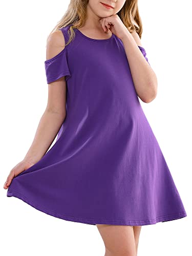 Stelle Girls Short Sleeve Dress Summer Kids Toddler Skater Twirl A Line Solid Color T-Shirt Dress for School Casual 3-12 Y