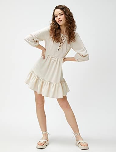 Koton Kadın Degaje Yaka Uzun Kollu Katmanlı Mini Elbise, Taş (080), 34 - Görsel 2