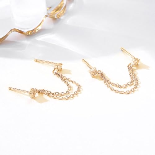 14K Gold Chain Earrings for Women Dainty Silver Double Piercing Earrings Hypoallergenic Cubic Zirconia Chain Stud Earrings Trendy Jewelry Gifts (Gold) by GIGB PBDK - Image 5