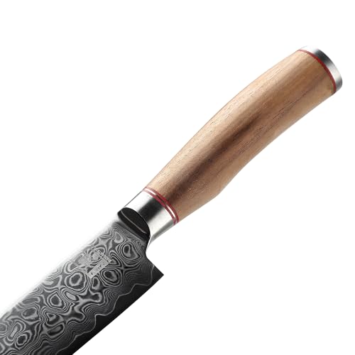 Foto von zayiko Kurumi Premium kleines Santokumesser mit 12 cm Klinge gefertigt aus 67 Lagen echtem Damaststahl mit Nussbaumgriff I Holzbox I Damastmesser Küchenmesser und Profi Kochmesser