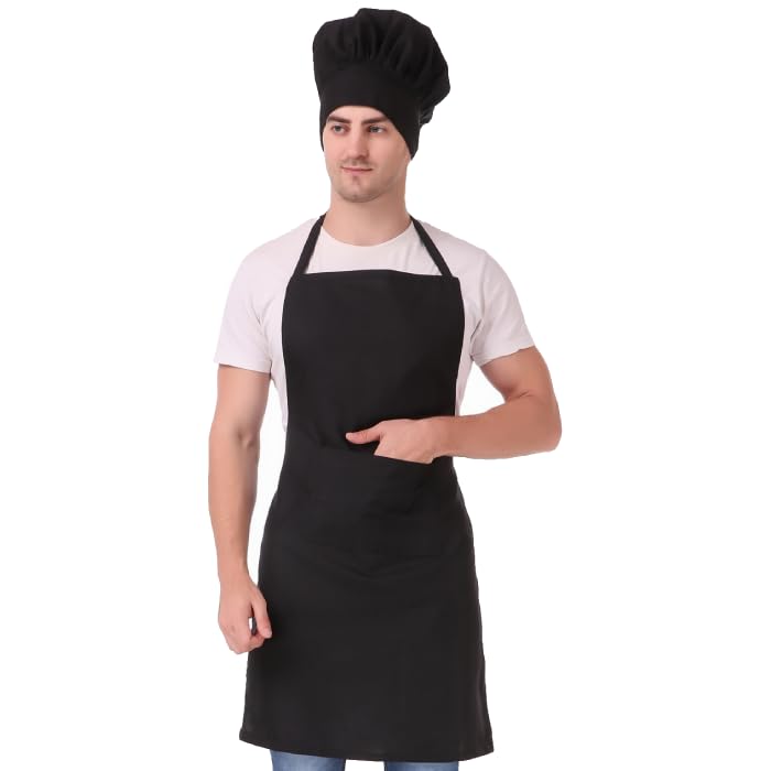 Image of KODENIPR CLUB Kitchen Apron With Cap Set for Women /Men Chef (Black)
