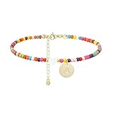 Wremily Initial Anklets for Women Handmade Beaded Ankle Bracelets 14K Gold Letter Initial Heart Anklet Boho Colorful Beads Ankle Bracelets Summer Beach Foot Jewelry Gift