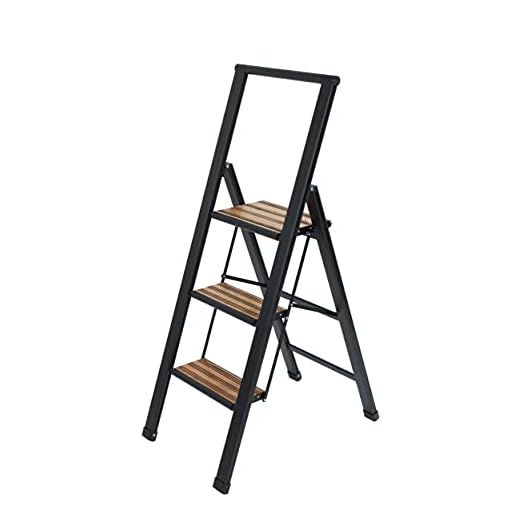 WENKO Escalera plegable en diseño de aluminio 3 peldaños negro - Escalera doméstica antideslizante, escalera de tijera de seguridad, Aluminio recubierto, 44 x 127 x 5.5 cm, Negro