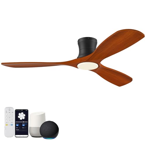 Hoenofly Smart 52” Wood Flush Mount Ceiling Fans with Lights Remote,Quiet DC Motor,Outdoor Indoor Low Profile Ceiling Fan,Voice Contorl with WIFI Alexa App Control,Modern fan for Bedroom Patio