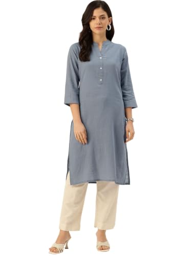 Image of feranoid Women's Plain Cotton Kurta with Mandarin Collar, 3 /4 Sleeves & Pocket