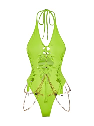 Floerns Women's Gothic Cut Out Lace Up Bodysuit Going Out Halter Neck Rave Body Suits Neon Green Medium