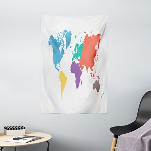 ABAKUHAUS Mapa Tapiz de Pared, Continentes Mundo Global, para el Dormitorio Apto Lavadora y Secadora Estampado Digital, 100 x 150 cm, Multicolor