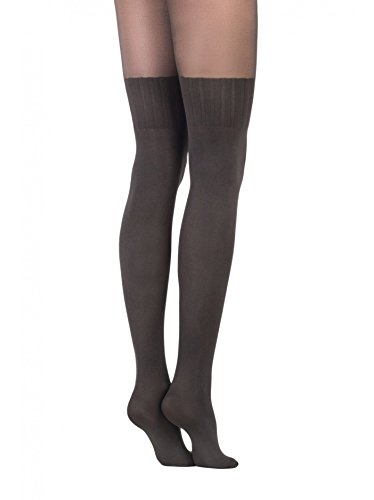 Image of Conte Women's Black (Nero) Opaque Pantyhose Tights with Stockings Imitation Pattern and Sheer Top Erica
