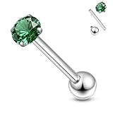 Xnsjeyy 14G Astm F136 Titanium Tongue Rings Piercing Jewelry 14 Gauge Internal Thread Straight Barbell CZ Tongue Rings Piercing Jewlery for Women Men 16MM Bar Length Green CZ Size 5MM