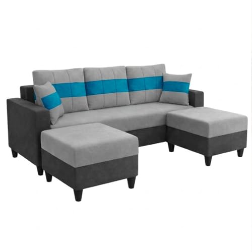 Image of Cavona 5 Seater L Shape Sofa Set with 2 Movable Ottomans | Flexible Layout | Luxury Velvet Suede Fabric | Modern Living Room Sofa | Dark Grey-Light Grey-Aqua Blue
