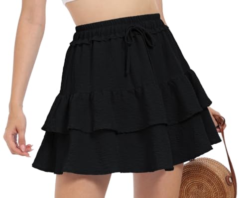 Image of PrinStory Women's Mini Skirt High Waisted Ruffle Skirt Flared Short Skorts A-Line Cupcake Skorts With Drawstring (Black, M)