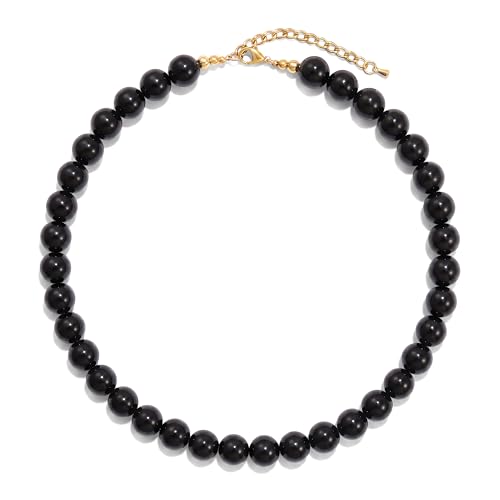 Black Beaded Necklace for Women Chunky Solid Color Acrylic Round Ball Bead Strand Choker Statement Necklace Vintage 80s 90s Aesthetic Handmade Lightweight Beads Fashion Jewelry for Everyday Party