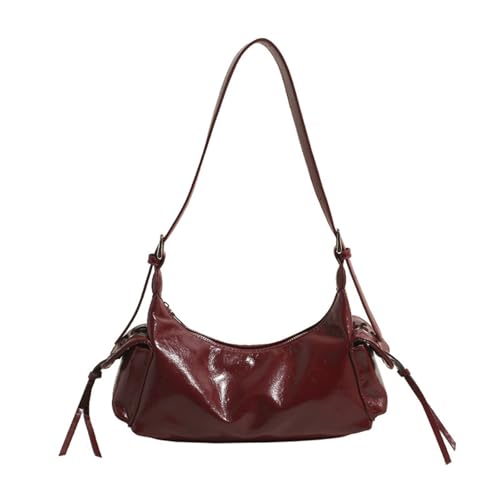 Women's Glossy PU Leather Shoulder Bag – Burgundy Mini Hobo