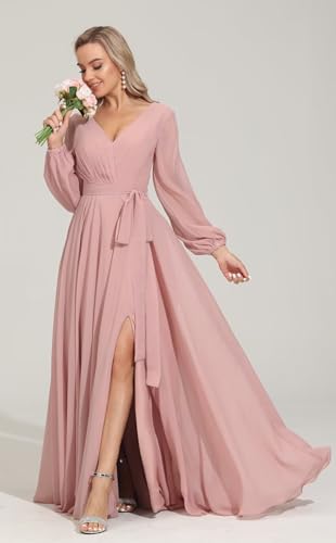 Long Sleeve Bridesmaid Dress V Neckes 2025 New Chiffon Wedding Guest Dresses Formal Evening Dress for Women,R162