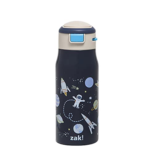 Zak Designs Double-Wall Vacuum Insulated, Stainless Steel Kids Water Bottle with Flip-Up Straw Spout and Locking Spout Cover, Durable Cup for Sports or Travel (13.5 oz, 18/8 SS, Space)