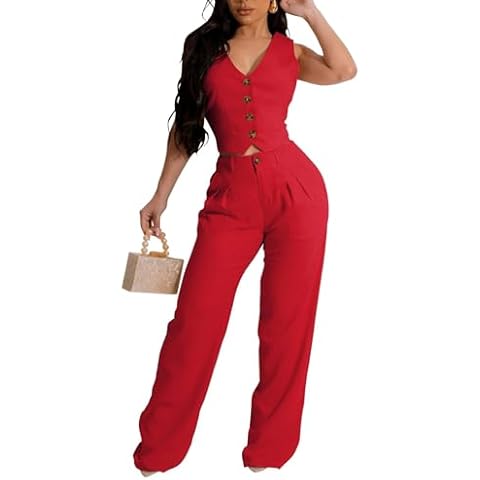 bbpawing Womens Blazer Sets 2 piece outfits Linen Set V Neck Button Suit Vest Tops Wide Leg Pants With Pockets Cover