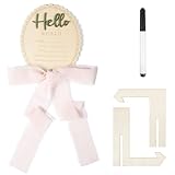 Grevosea Baby Announcement Sign, Wooden Hello World Newborn Welcome Sign Baby Name Sign with Pen and Ribbon Birth Name Plaques for Baby Shower Home Hospital Nursery Photo Props