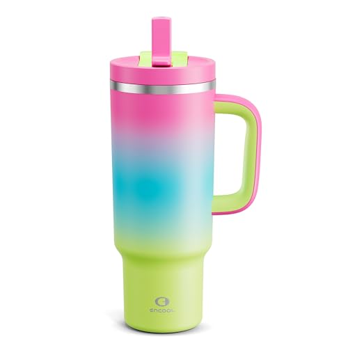 40 oz Tumbler with Handle and Straw: Stainless Steel Insulated Tumbler Keeps Cold for 24 Hours, Leakproof Travel Cup Fits in Cup Holder and BPA-Free, Lime Sorbet