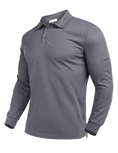 Deyeek Long Sleeve Polo Shirts for Men UPF 50+ Sun Protection Golf Polo Shirts Quick Dry Casual Polos Collared Shirts Grey